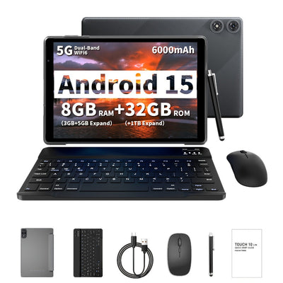 Tablette 2 en 1 de 10,1 po Android 15, 8 Go RAM (3+5), 32 Go, ensembles clavier