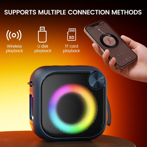 Haut-parleur Bluetooth carré RVB avec support de téléphone, USB, microSD, AUX, USB-C