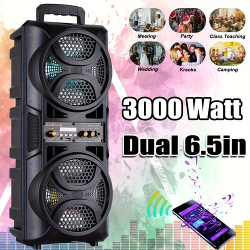 Haut-parleur karaoké portable double 6,5 po RVB avec TWS, USB, AUX, FM et télécommande