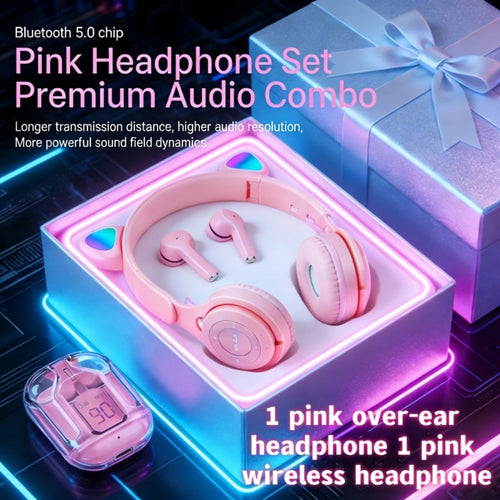 Cat Ear LED Headphones and Wireless Earbuds Gift Set, 4 Models