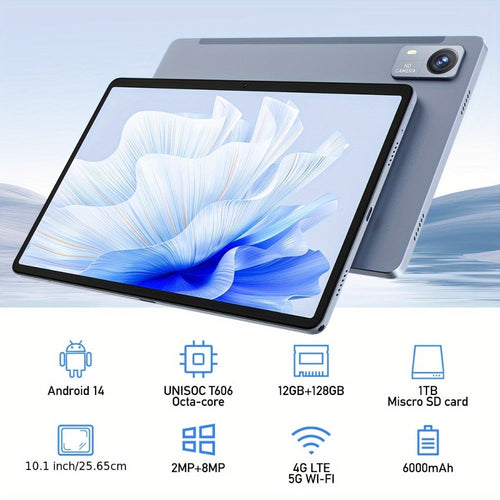 Tablette Android 14 de 10,1 po, 4G LTE double SIM, processeur 8 cœurs T606, 256 Go