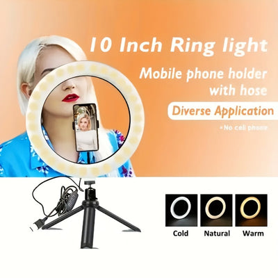 Anneau lumineux 10 po avec commande sur câble, support de téléphone, 3 tons