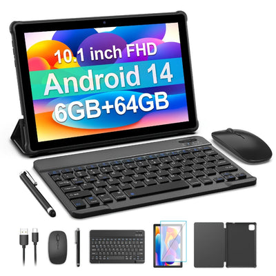 10-Inch Android 14 2-in-1 Tablet with Keyboard, Wi-Fi 6, 64GB, 6000mAh