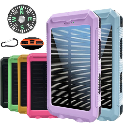 Batterie externe solaire 20 000 ou 40 000 mAh, 2 ports USB, lampe DEL et boussole
