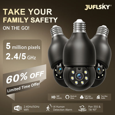 Caméra de sécurité ampoule 5MP Wi-Fi double bande, rotation 360°, vision de nuit couleur