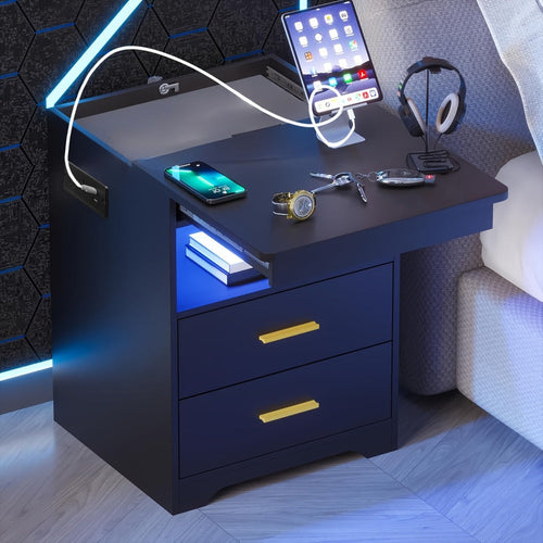 Two-Drawer Nightstand with Lockable Hidden Tray, Charging Station and RGB Light