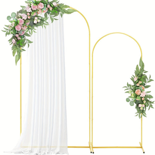 Set of 2 Gold Rounded Backdrop Arch Stands, 7.2 ft and 6 ft, with Flat Bases