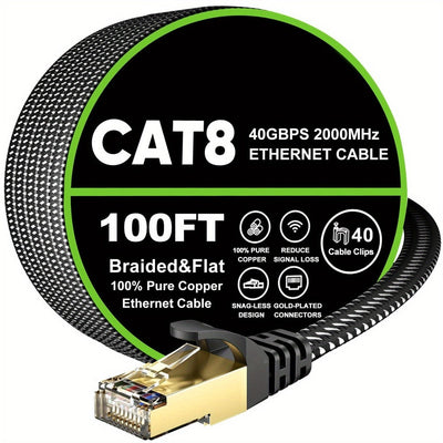 Câble Ethernet Cat 8 plat tressé, 40 Gbit/s, 2000 MHz, longueurs de 3 à 100 pi
