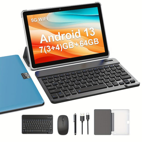 10-Inch Android 13 Tablet in Blue with Case, 7GB Total RAM, 64GB, 6000mAh