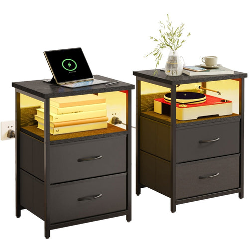Nightstand with Two Fabric Drawers, Charging Station and LED Accent Light