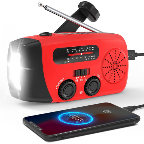Radio d'urgence AM/FM/météo 2000 mAh, panneau solaire, manivelle et lampe de poche DEL