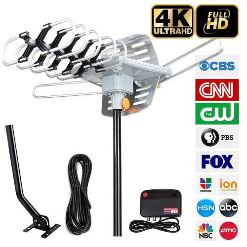 Antenne TV extérieure amplifiée, rotation motorisée 360°, UHF/VHF, télécommande sans fil