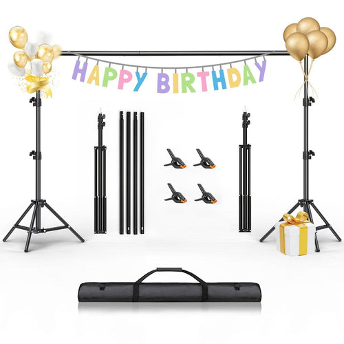 Adjustable 8.5 x 10 ft Backdrop Stand with Tripods, Crossbars, 4 Clips and Bag