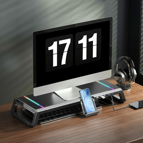 Support de moniteur pliable à hauteur réglable avec tiroir, éclairage RGB et 4 ports USB