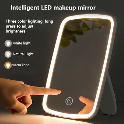 Portable Folding LED Makeup Mirror, 3 Light Colors, USB Rechargeable