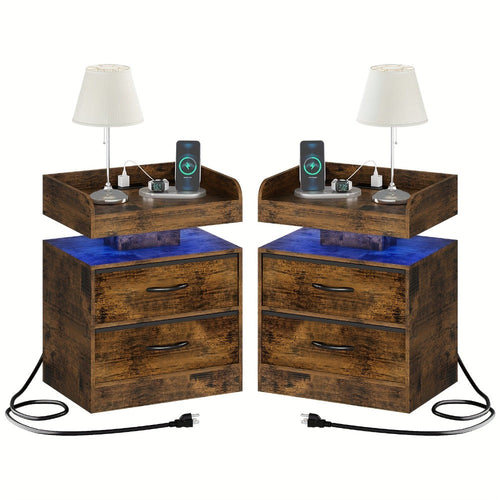 Wooden Nightstand with LED Ambient Light, Charging Station and Fabric Drawer