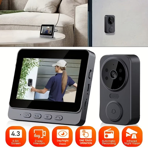 Wireless Video Doorbell with 4.3-Inch IPS Monitor, 960P, Night Vision, No Wi-Fi
