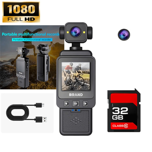 Caméra d'action portable DV01 1080P avec pince, rechargeable, carte 32 Go en option