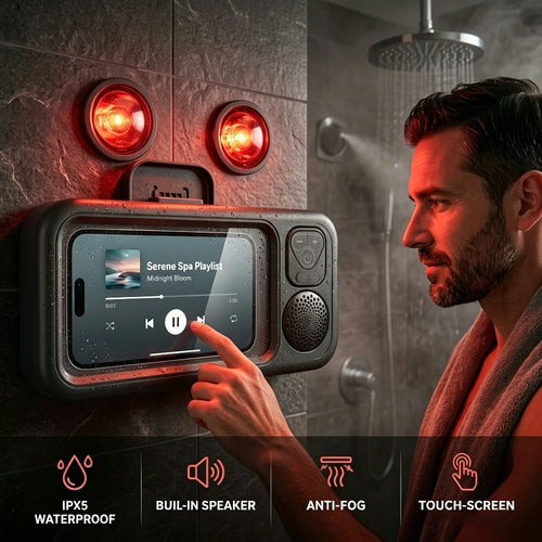 Support de téléphone pour douche avec haut-parleur Bluetooth intégré, rotation 360°