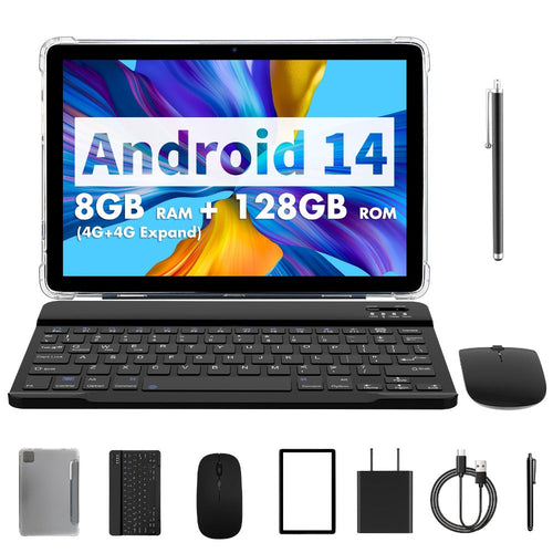 10.1-Inch Android 14 2-in-1 Tablet, 128GB, with Keyboard, Mouse, Stylus and Case