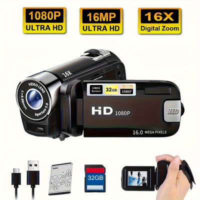 Portable 1080p Digital Camcorder with Rotating Screen, Rechargeable Battery, Optional 32GB Card