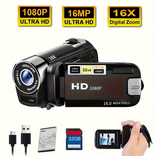 Caméscope numérique 1080p à écran rotatif, batterie rechargeable, carte 32 Go en option