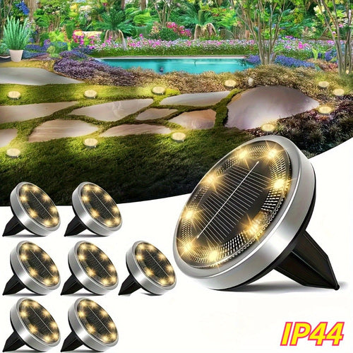 Solar Garden Ground Disc Lights 8-Pack, 8 LEDs Each, Touch Dimming
