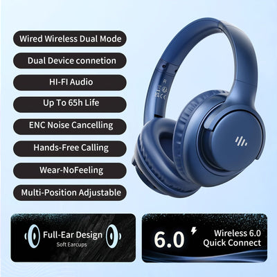 Casque sans fil circum-auriculaire 65 h, son Hi-Fi stéréo, basses riches, faible latence