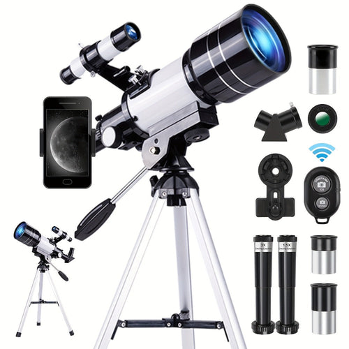 Télescope 150x ouverture 70 mm avec trépied, support de téléphone et lentille de Barlow