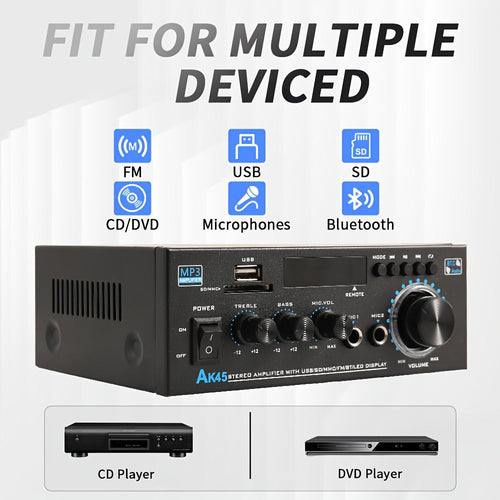 Amplificateur récepteur stéréo 2 canaux 400 W Bluetooth 5.0, karaoké, radio FM, USB/SD