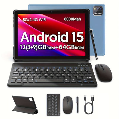 10-Inch 2-in-1 FHD Android 15 Tablet, 64GB, 6000mAh Battery, with Keyboard or Case