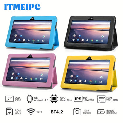 Tablette Android 14 de 7 po, 4 Go de RAM, 32 Go de stockage, étui protecteur intégré