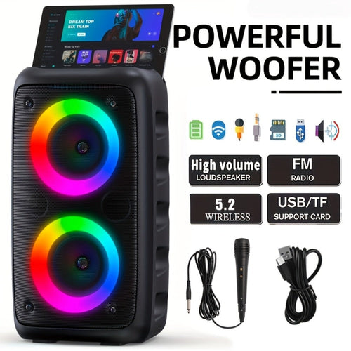 Haut-parleur Bluetooth 5.2 portatif karaoké avec micro, lumières RVB, USB, TF et radio FM
