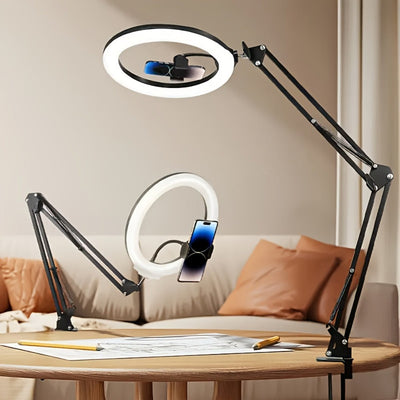 Anneau lumineux DEL 20 cm avec bras articulé à pince, support de téléphone et commande USB