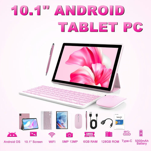 Tablette Android 2 en 1 de 10,1 po avec clavier et souris, 6 Go/128 Go, écran IPS HD